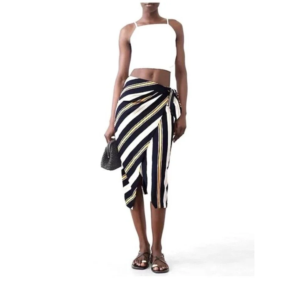 Banana Republic Womens Size 4 Striped Navy White Gold Faux-Wrap Tie Midi Skirt - Picture 11 of 11